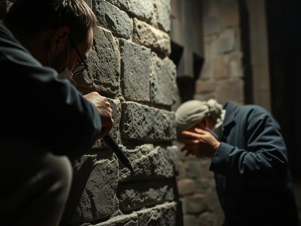 A photograph showcasing the intricate stonework restoration being carried out on the Notre-Dame de Bringolo church, with skilled artisans carefully repairing the facade.