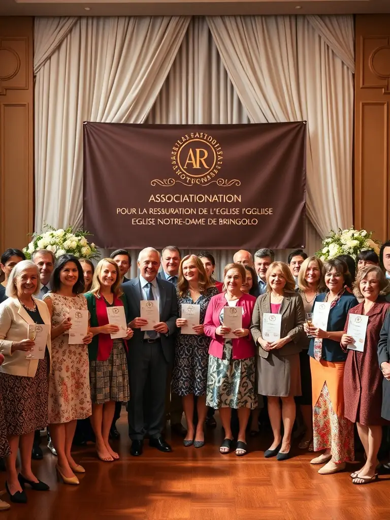 A picture of donors being recognized at a special event, with a banner displaying the ASSOCIATION POUR LA RESTAURATION DE L'EGLISE NOTRE-DAME DE BRINGOLO logo in the background.