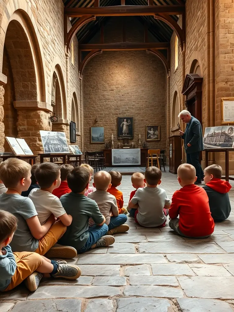 A photo of children participating in an educational workshop about the history and architecture of the Notre-Dame de Bringolo church, led by a local historian.