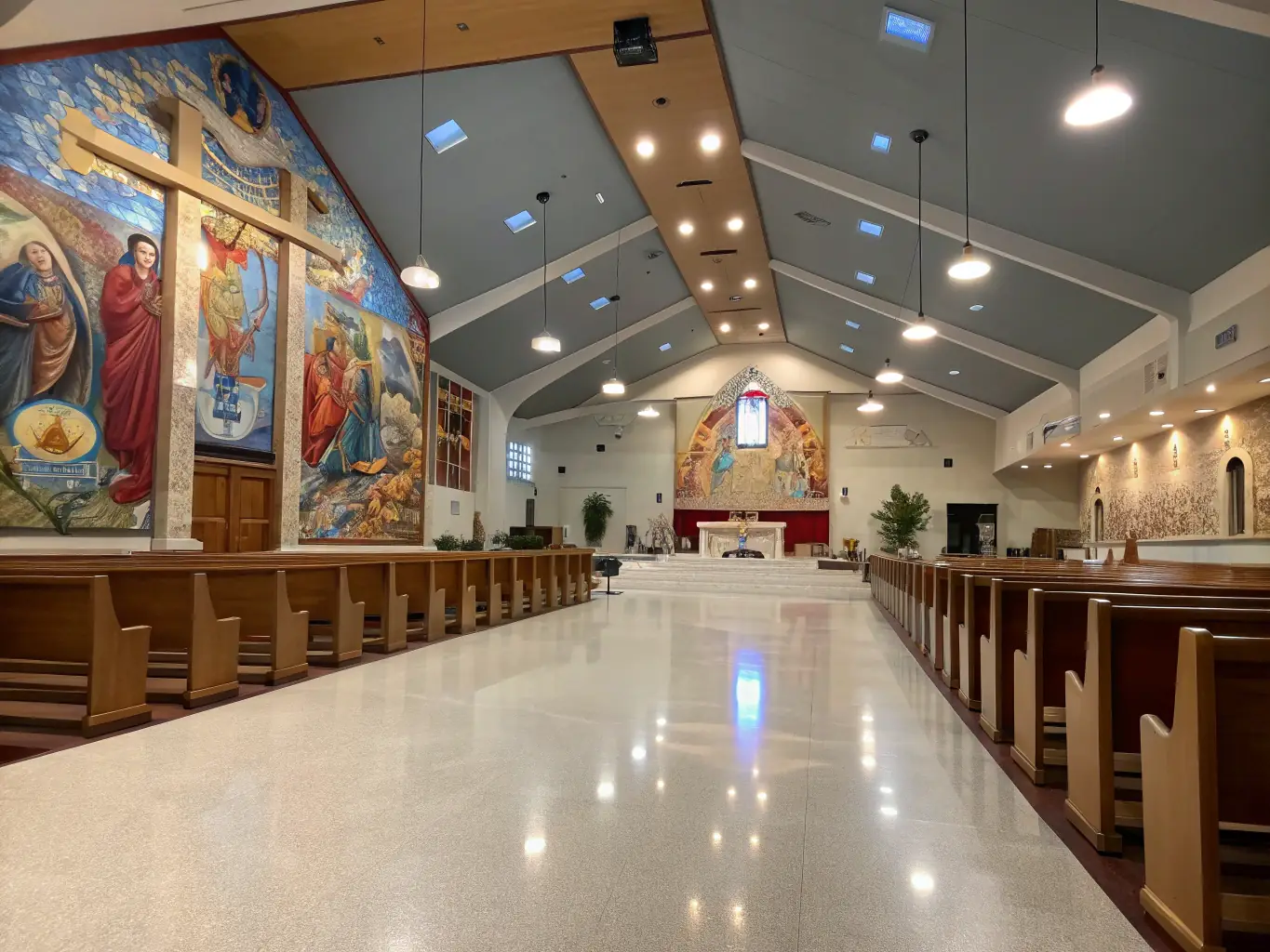 An image depicting the interior restoration of the church, showing the repainting of frescoes and the conservation of religious artifacts.