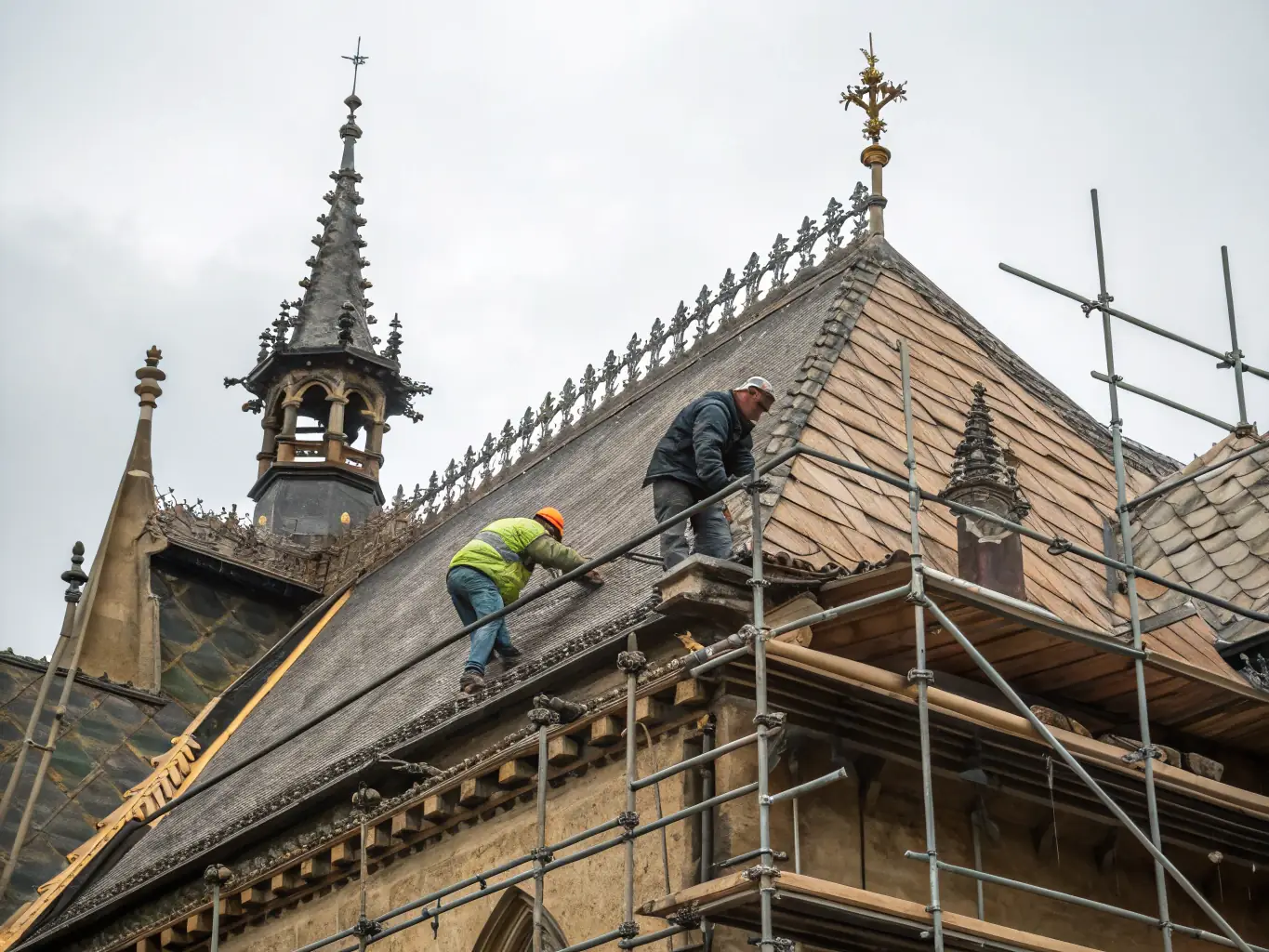 A photograph capturing the restoration work on the church's bell tower, highlighting the skilled craftsmanship involved in repairing the stonework.