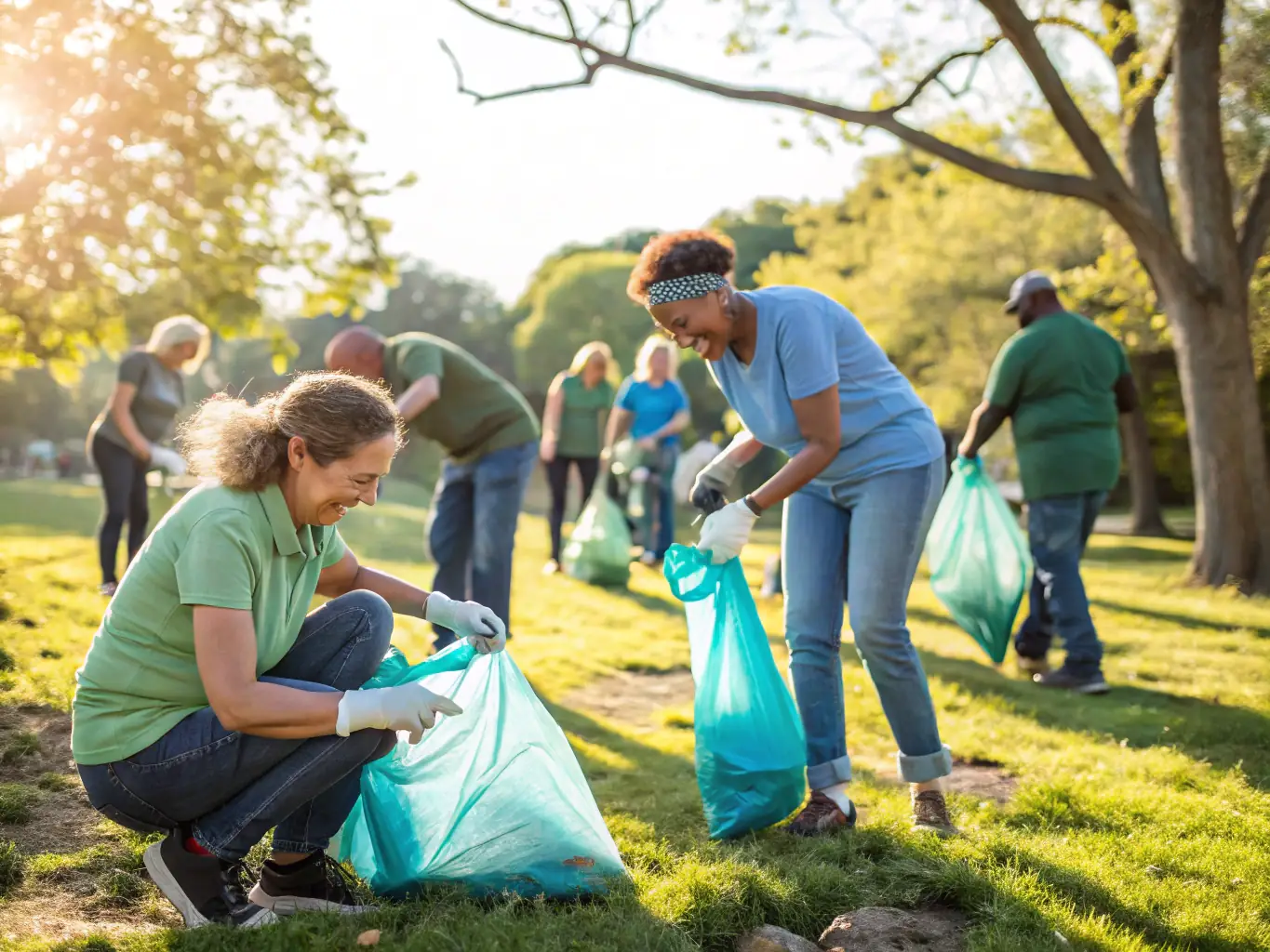 A photograph of volunteers participating in a community cleanup and beautification project around the Notre-Dame de Bringolo church.