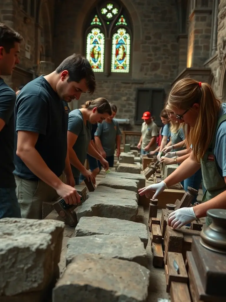 A photograph capturing volunteers cleaning the interior of the Notre-Dame de Bringolo church during a community workday, showcasing their dedication to preserving the historical site.