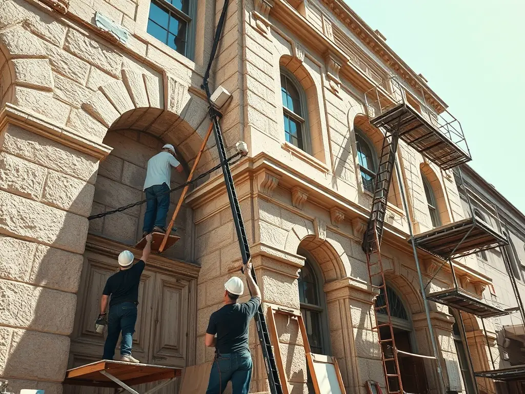 A detailed image showcasing the restoration of the church's stained glass windows, with artisans carefully piecing together the intricate designs.